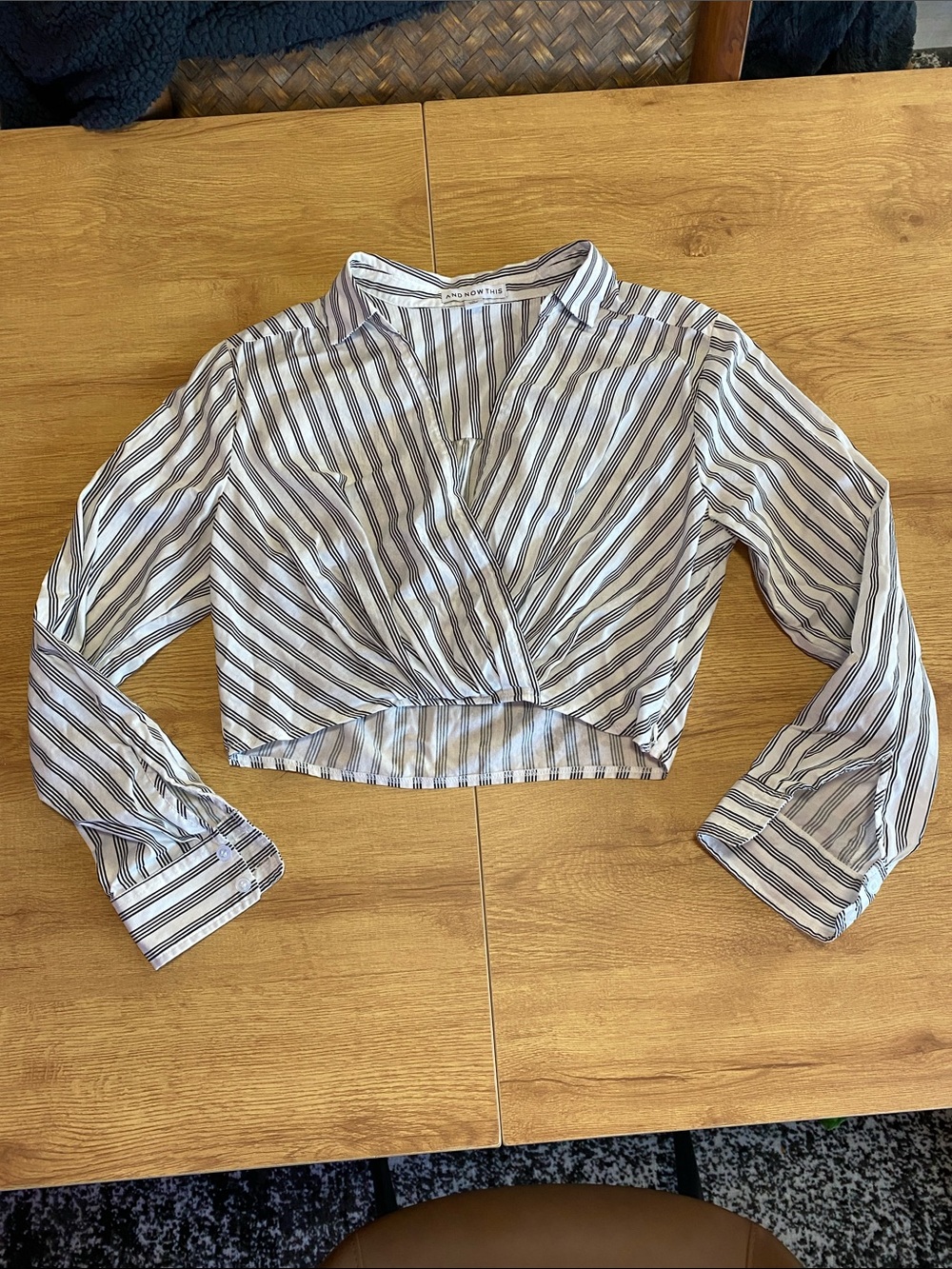 Cropped Wrap-Front Blouse in White and Black Stripe